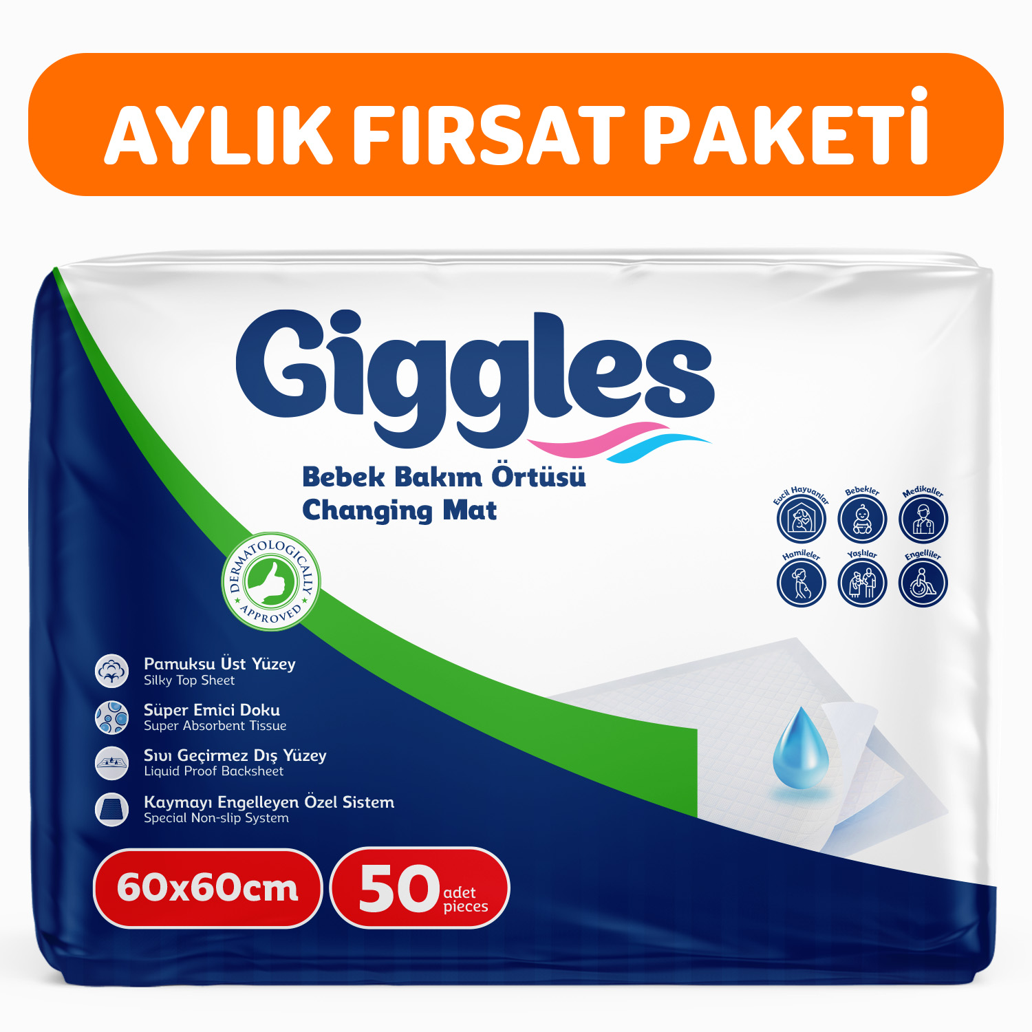 Giggles Bebek Bakım Örtüsü 60x60 50 Adet